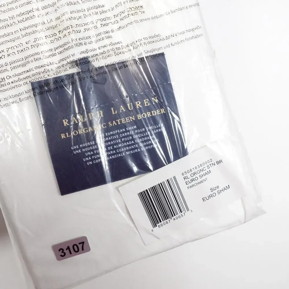 New Ralph Lauren European Sham Organic Sateen Border Parchment Classic RL Boho
